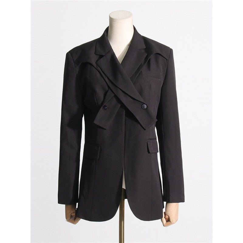 Solid Color Long Sleeve Lapel Irregular Collar Blazer Outerwear