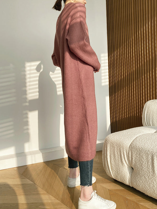 Loose Split-Side Solid Color Round-Neck Knitting Sweater Dresses