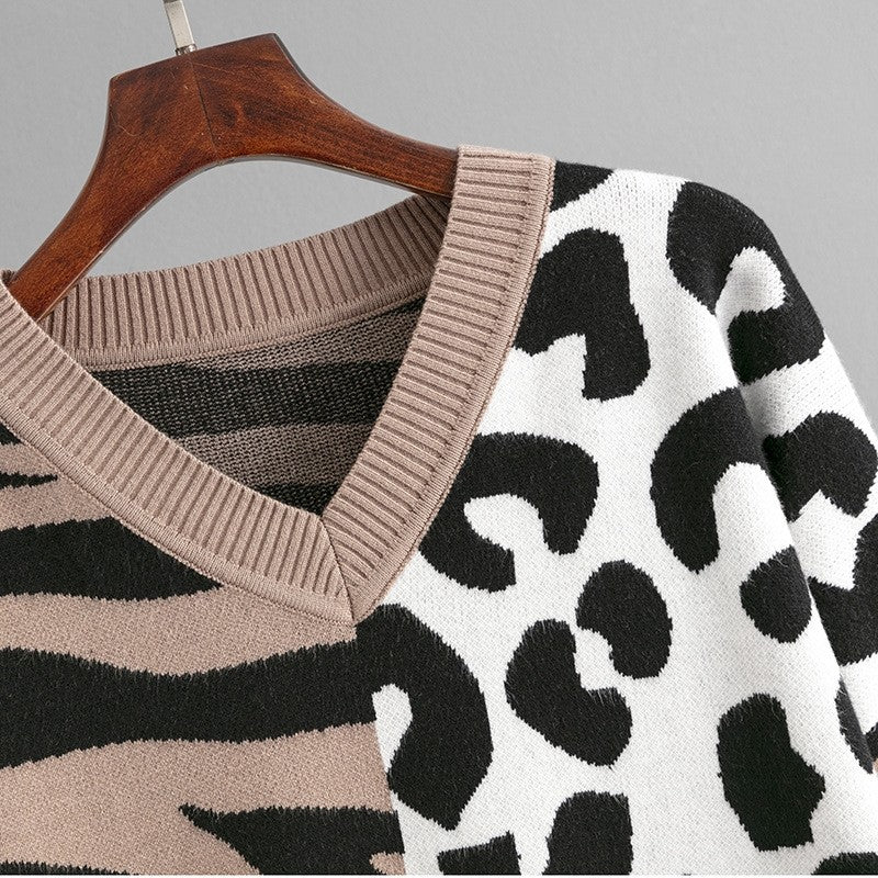 Zebra And Leopard Print Patchwork Sweater