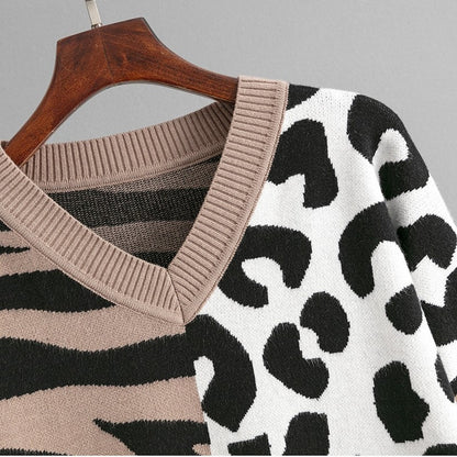 Zebra And Leopard Print Patchwork Sweater
