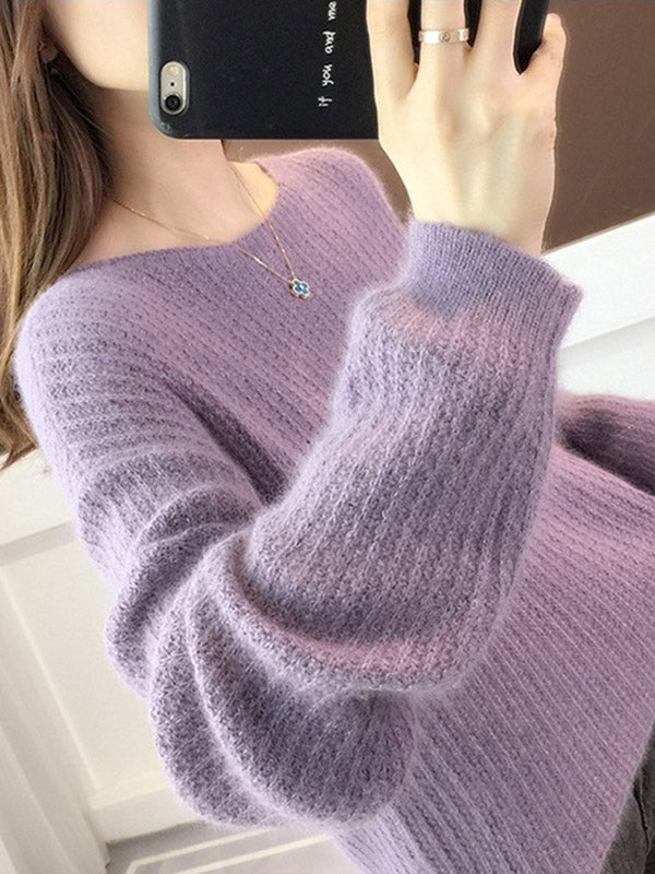 Simple Casual Loose 4 Colors Round-Neck Long Sleeves Sweater Top
