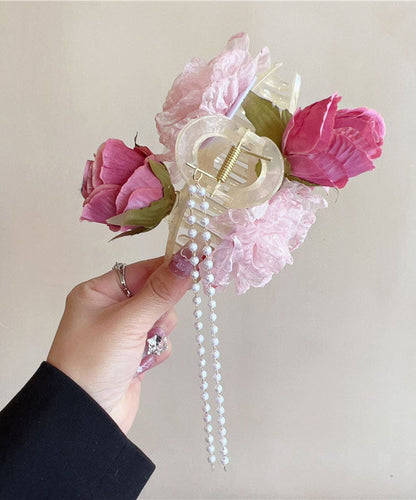 Boutique Fabric Tulle Floral Pearl Tassel Hairpin