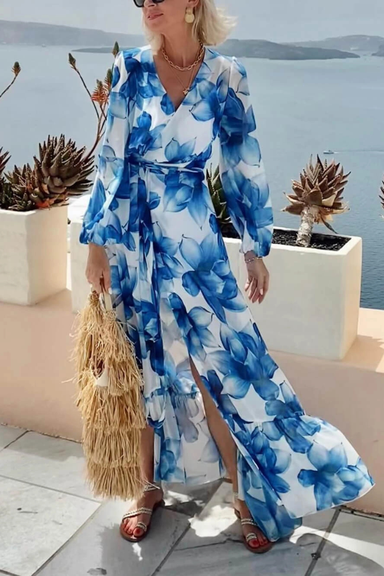 Island Girl Floral Print V-neck Long Sleeve Tie Slit Holiday Maxi Dress