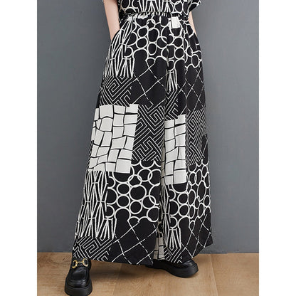 Original Loose Contrast Color Plaid Polka-Dot Blouse&Wide Legs Pants Two Pieces Set