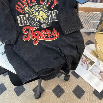 Teesher - Oversized Black Distressed Tiger Graphic T-Shirt
