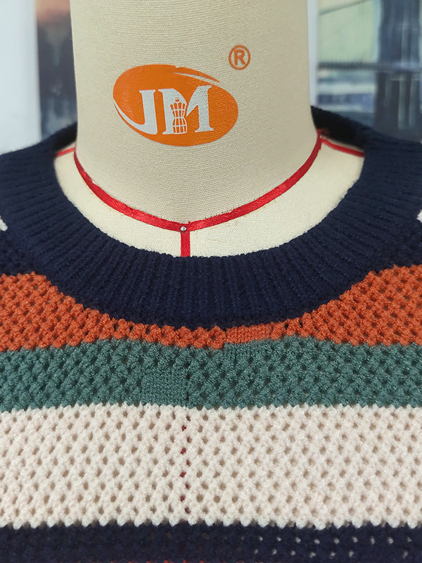 Original Long Sleeves Loose Contrast Color Striped Round-Neck Sweater Tops