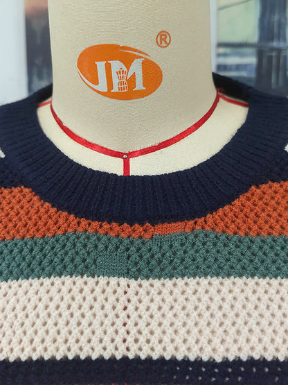 Original Long Sleeves Loose Contrast Color Striped Round-Neck Sweater Tops