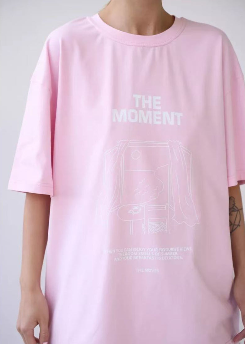 Oversized Cotton Tee With Graphic Print Pink