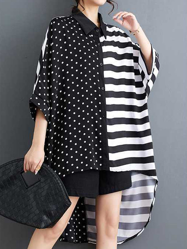 Batwing Sleeves Half Sleeves Buttoned Polka-Dot Striped Lapel Blouses&Shirts Tops