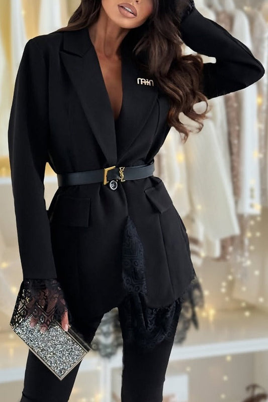 Spiced Muse Lace Trim Button Up Long Sleeve Lapel Blazer