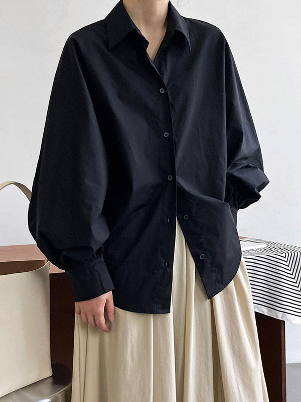 Long Sleeves Loose Buttoned Pleated Solid Color Lapel Blouses&Shirts Tops