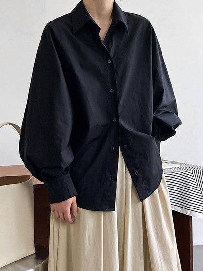 Long Sleeves Loose Buttoned Pleated Solid Color Lapel Blouses&Shirts Tops
