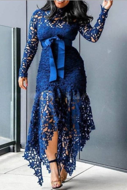 High-neck lace bow tie irregular long skirt