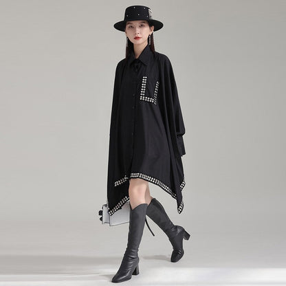 Dark Polyester Loose Paneled Lapel Batwing Sleeve Dress