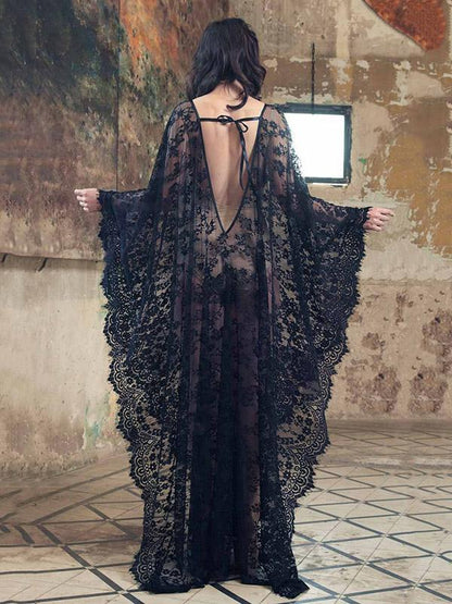 Deep V-Neck Backless Lace-Up See-Through Cover-Ups