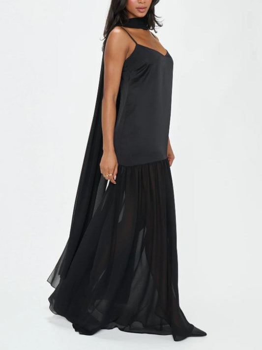 Solid Color Splicing Spaghetti Maxi Dress