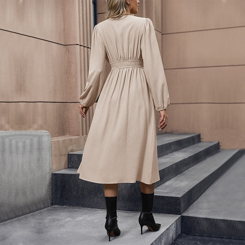 Solid Color Long Sleeves Front Slit A-Line Dress