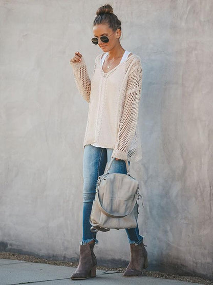 Hollow Solid Color V-Neck Knitting Sweater Tops