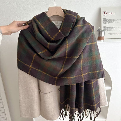Color Block Plaid Fringe Scarf