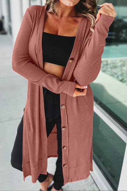 Ribbed Button Up Side Split Duster Cardigan