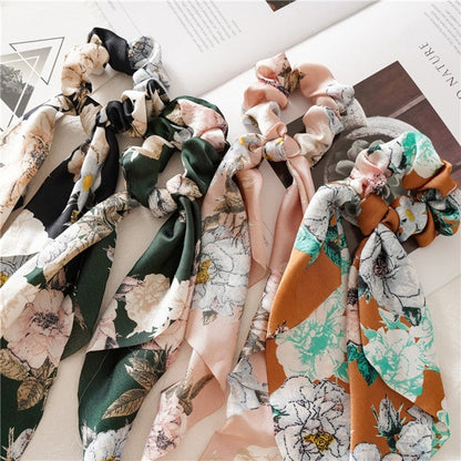 Floral Ribbon Scarf Pony Scrunchie