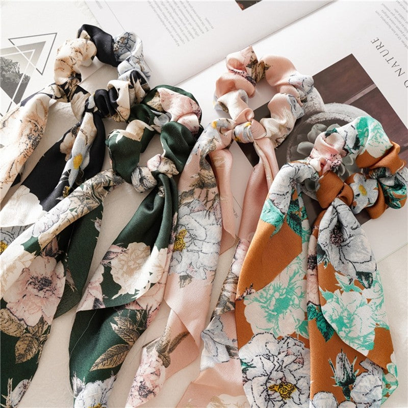 Floral Ribbon Scarf Pony Scrunchie
