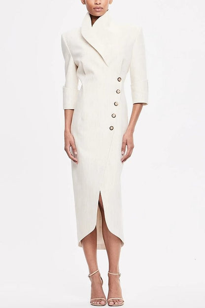 Elegant Look Linen Blend Stand Lapel Neck Half Sleeve Side Button Midi Dress