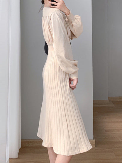 Solid Color Pleated A-Line High Waisted Round-Neck Sweater Dresses