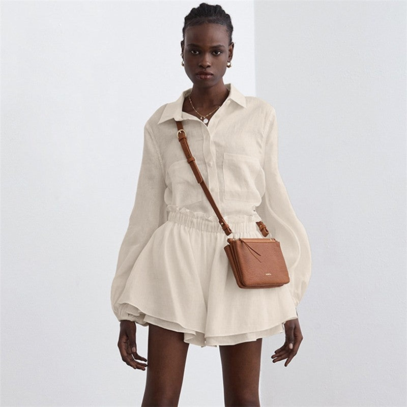 Solid Color Long Sleeve Top With Ruffle Hem Shorts Set