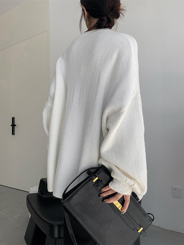 Loose Puff Sleeves Split-Side Solid Round-Neck Sweater Tops