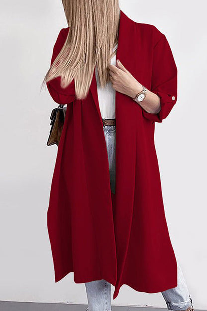 Solid Lapel 3\/4 Sleeve Slit Cardigan