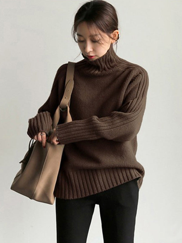 Loose Long Sleeves Solid Color High-Neck Sweater Tops