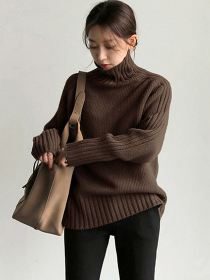 Loose Long Sleeves Solid Color High-Neck Sweater Tops