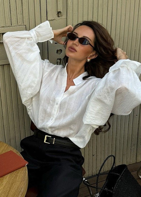 White Cotton Linen Shirt With Balloon Sleeves