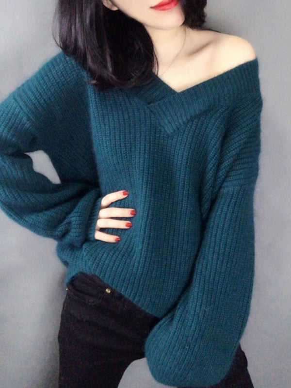 Loose Long Sleeves Solid Color V-Neck Sweater Tops