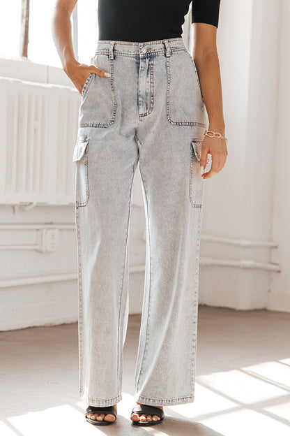 Washed denim multi-pocket non-stretch overalls