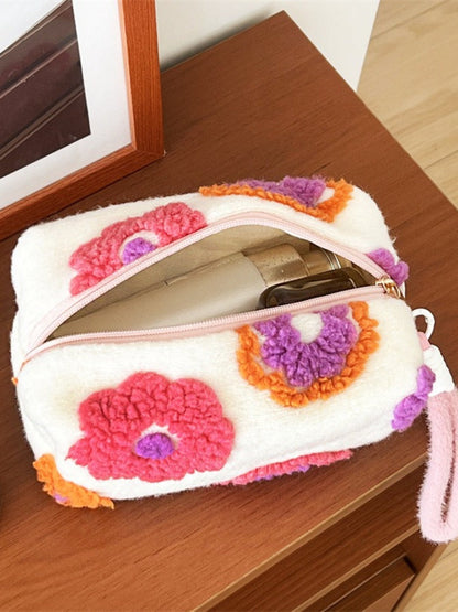 Cosbai - Floral Tweed Zipper Makeup Bag with Handles