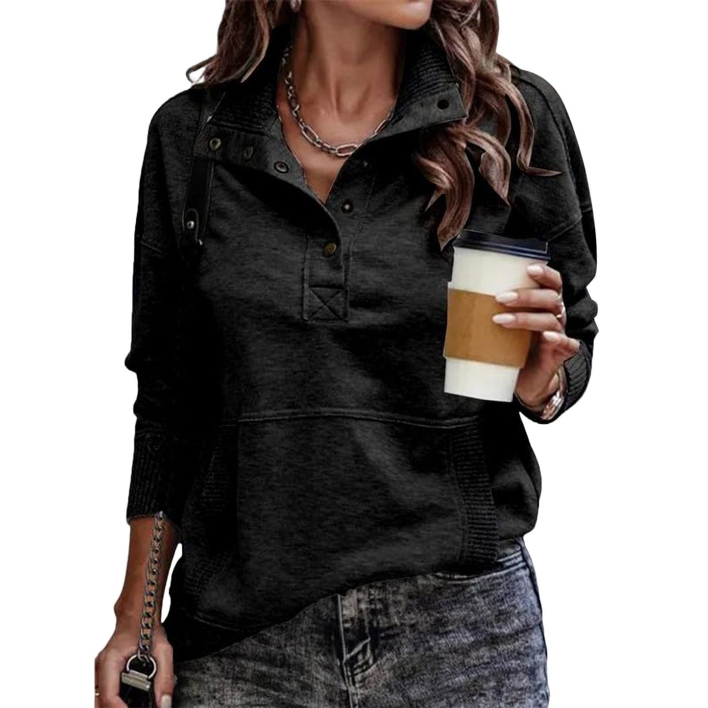 Solid Color Pocket Long Sleeve Button Up Hoodie