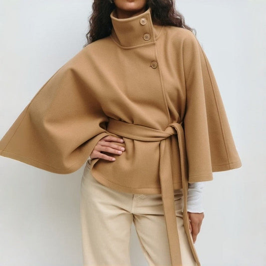 Stand Collar Button Belt Trench Coat Polyester