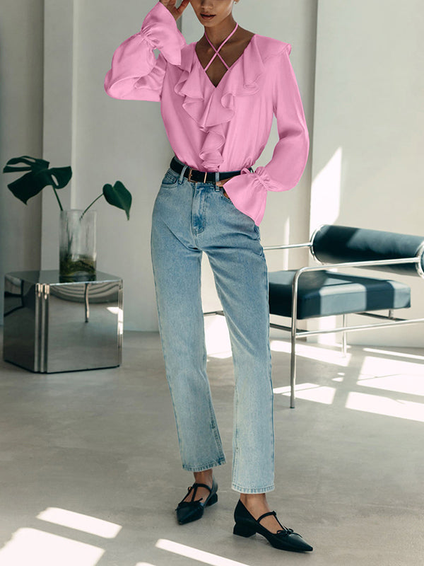 Long Sleeves Loose Falbala Lace-Up Solid Color Split-Joint V-Neck Blouses