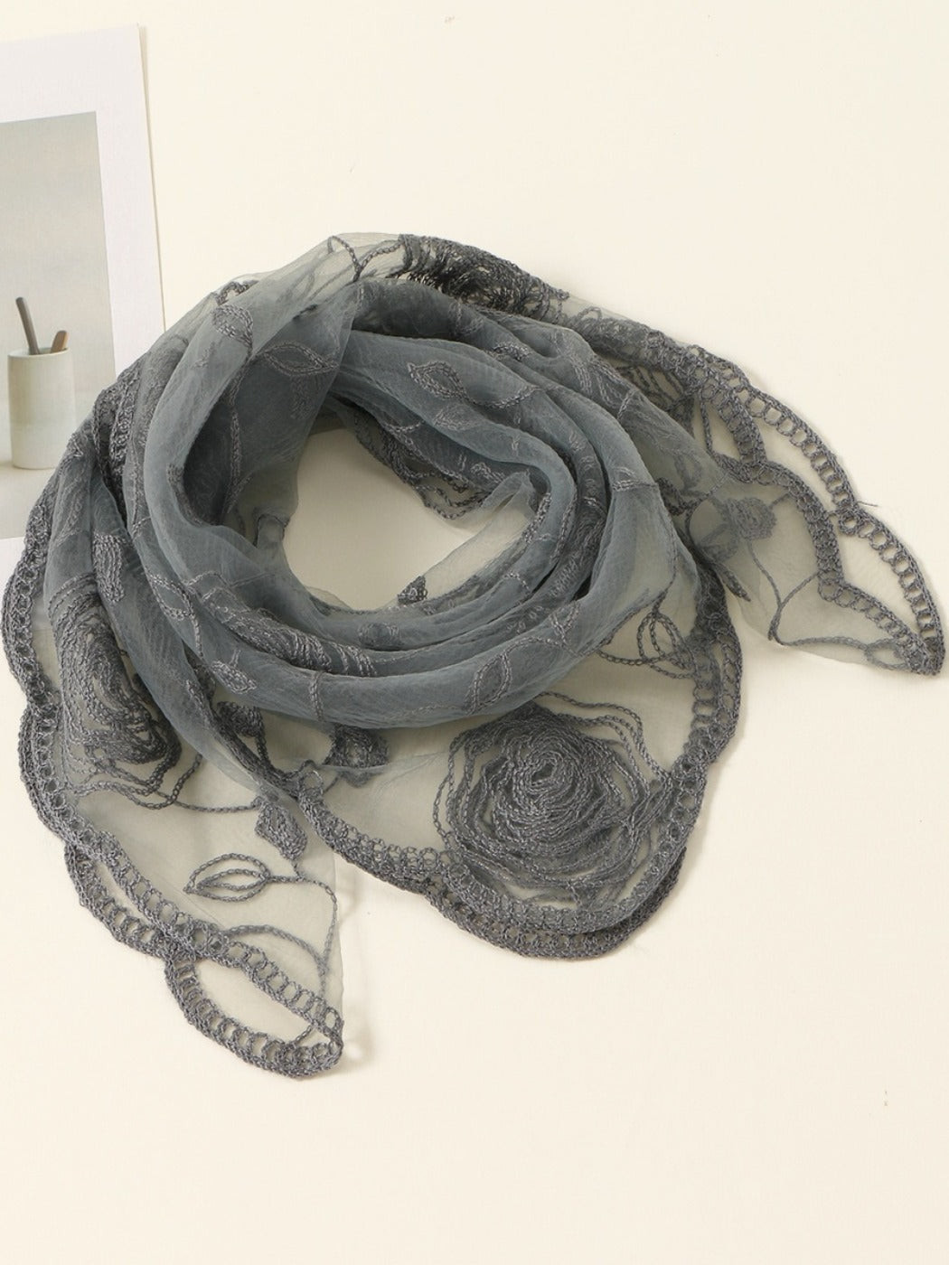 Haila - Rose Embroidery Polyester Square Scarf Shawl