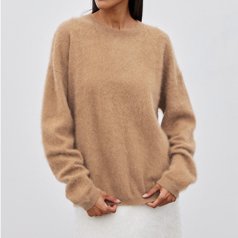 Winter Fuzzy Crew Neck Solid Color Knit Sweater