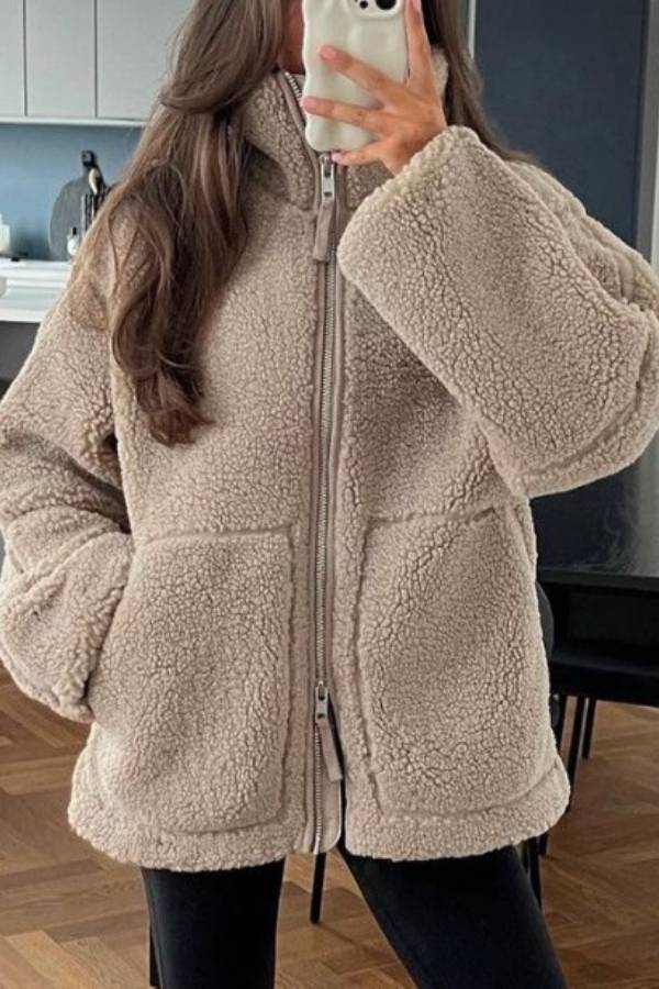 Stand-up collar zip-up lamb wool oversized coat