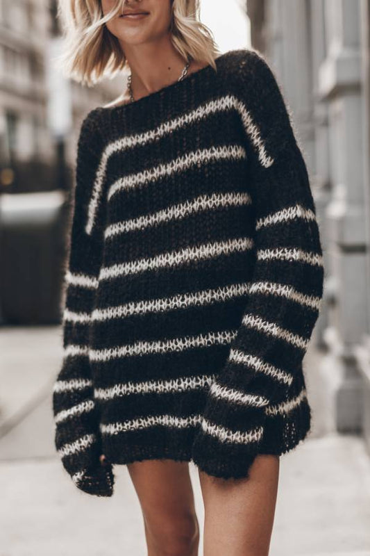 Time for Warmer Layers Fluffy Stripes Relaxed Knit Sweater