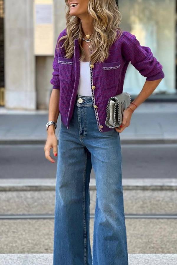Retro Purple Chanel Style Metal Chain Knitted Cardigan