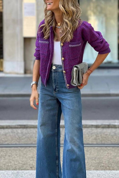 Retro Purple Chanel Style Metal Chain Knitted Cardigan