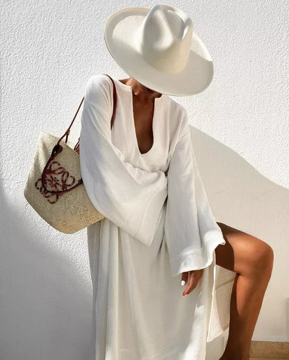 Vacation Flared Sleeves Solid Color Deep V-Neck Midi Dresses