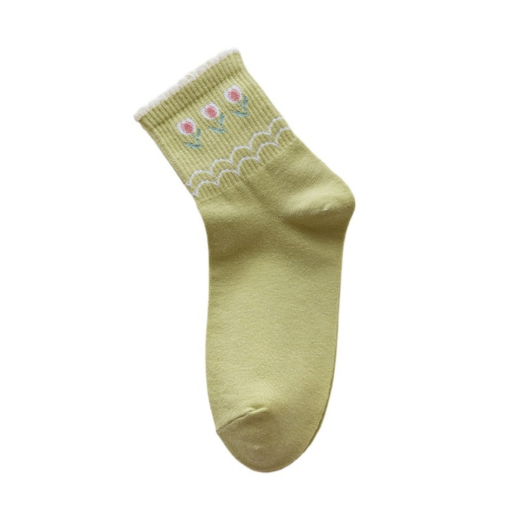 Rufia - Women's Floral Tulip Mid-Calf Socks - Green / White