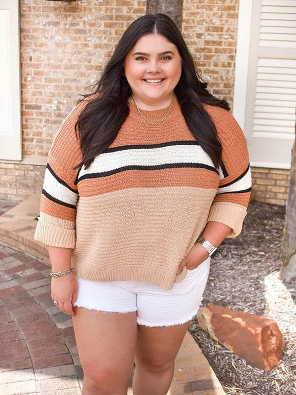 Casual Loose Contrast Color Striped Round-Neck Sweater Tops