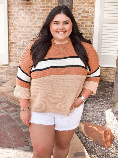 Casual Loose Contrast Color Striped Round-Neck Sweater Tops